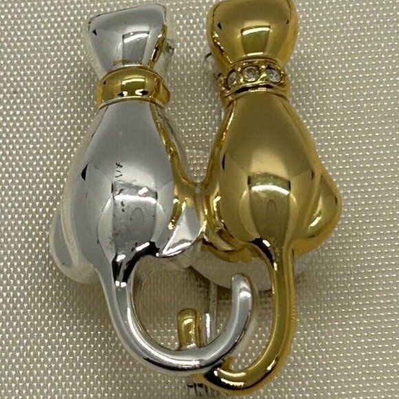 Anne Klein II Vintage Gold & Silver Cat Brooch Pin With Rhinestone Accents - Picture 4 of 8